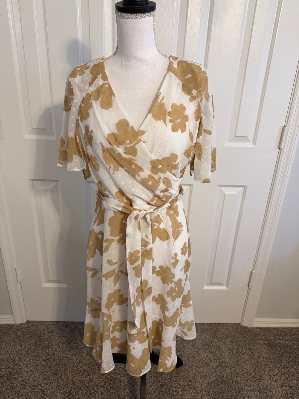DKNY Cream Midi Wrap Dress with Mustard Floral Print